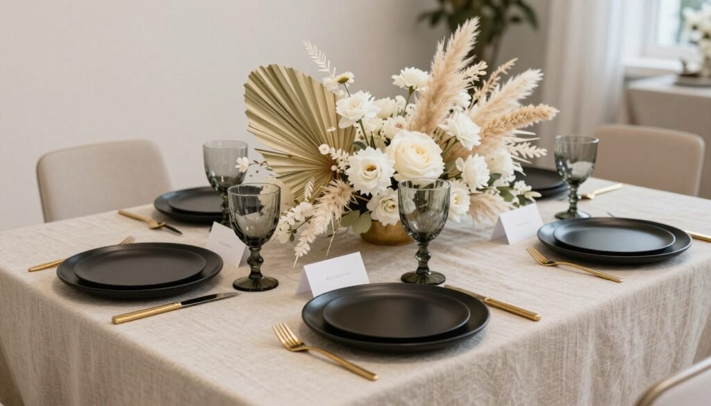 Modern wedding table with textured neutral linens and dried floral elements