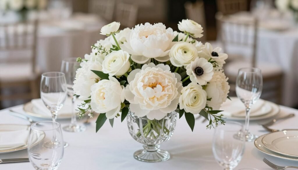 Monochromatic white luxury wedding centerpiece with various white flowers
