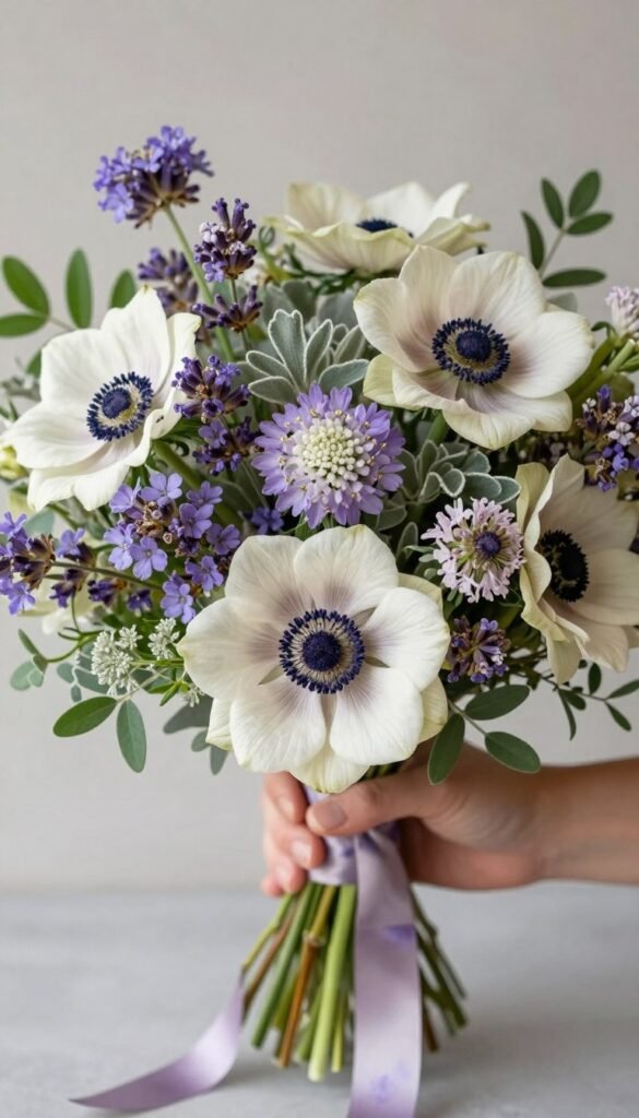 Muted lavender and sage wildflower bouquet with elegant color restraint