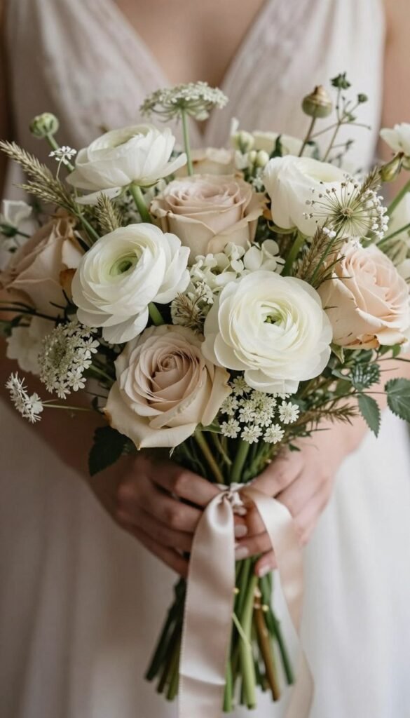 Neutral wildflower wedding bouquet with textural depth and elegant styling