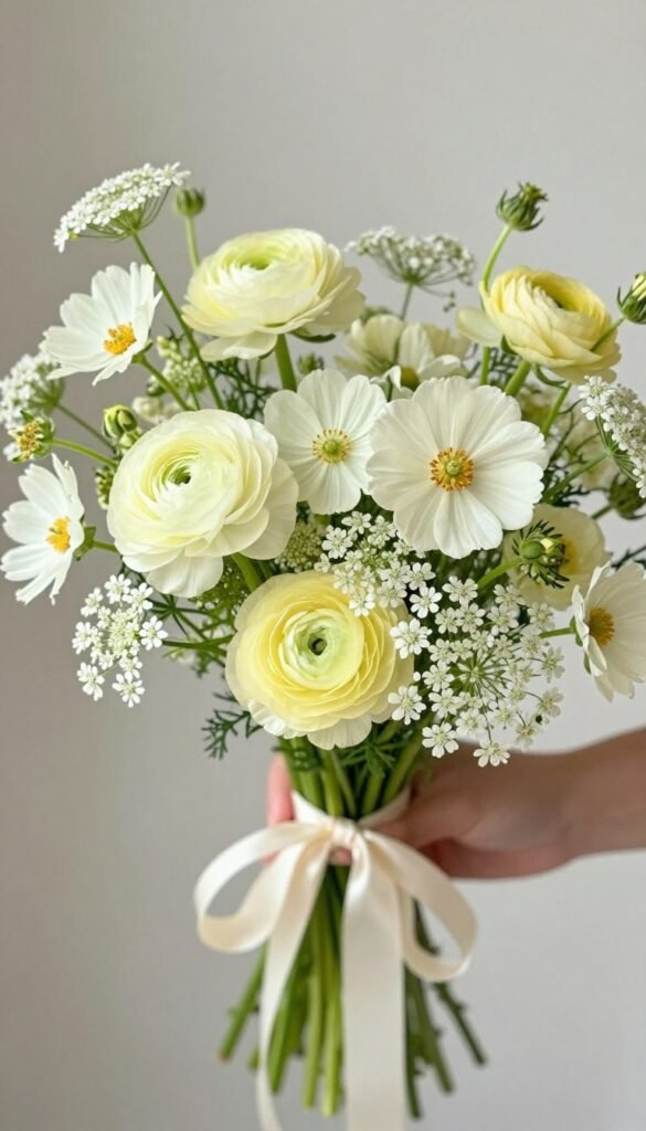Pale yellow and ivory spring meadow wildflower bouquet with seasonal elegance