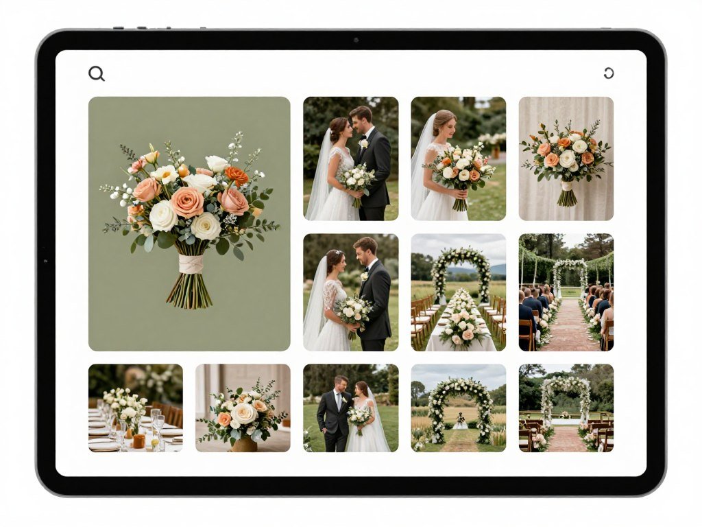 Pinterest board mockup showing saved olive green and earth-tone wedding flower ideas