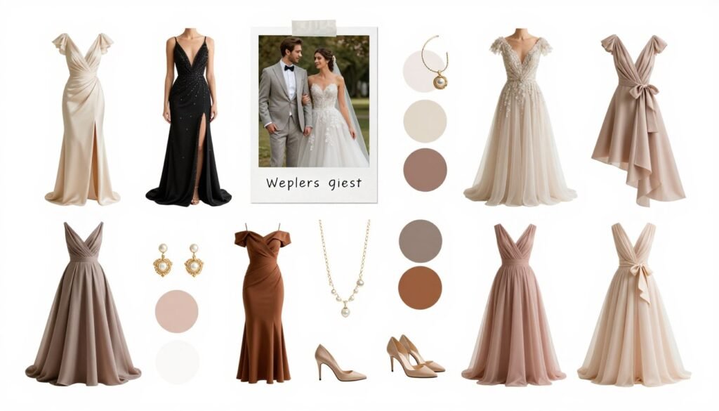 Pinterest board mockup showing wedding guest outfit ideas for 2026