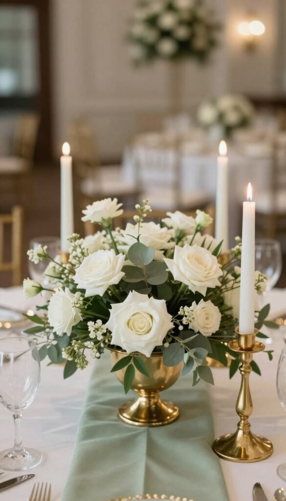 Pinterest-worthy sage green and gold wedding flower arrangement