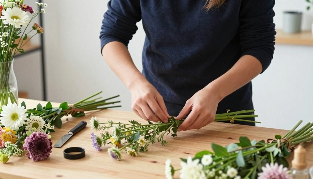 Professional florist demonstrating techniques for styling upscale wildflower bouquets