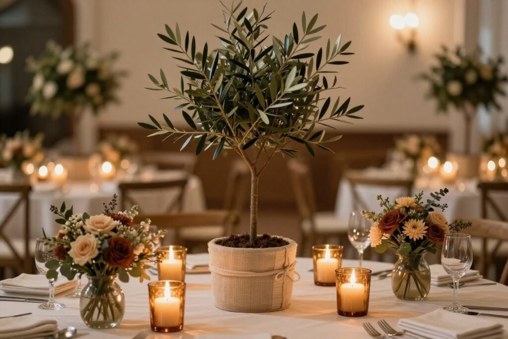 Reception table with potted olive tree centerpiece surrounded by candles