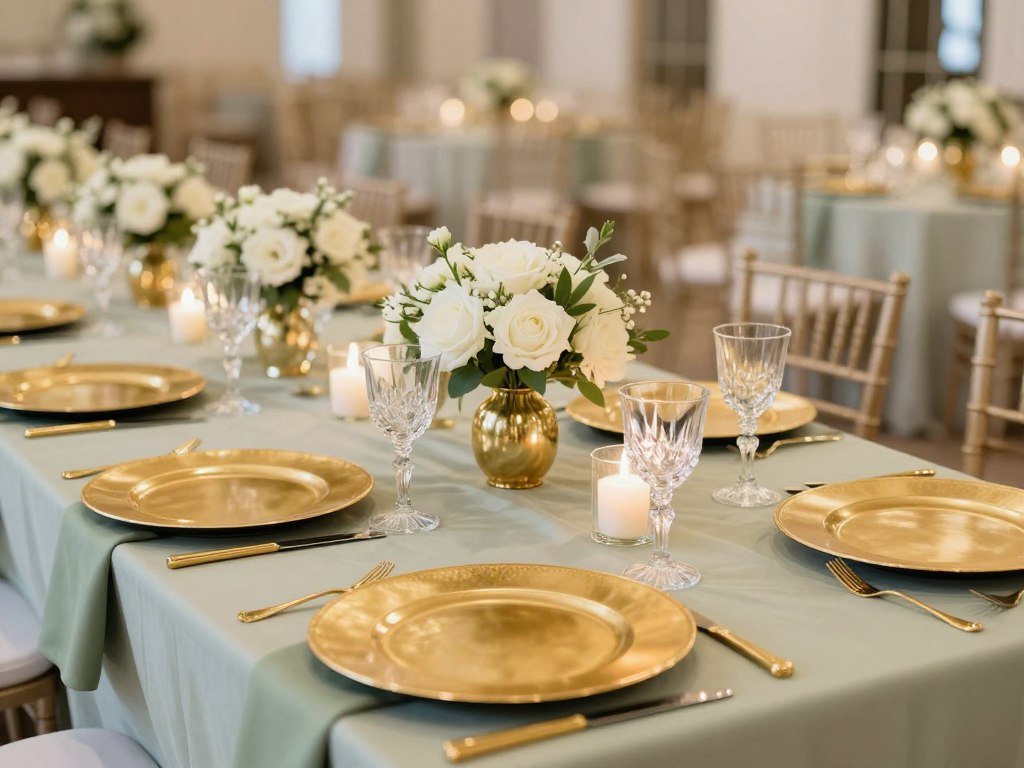 Sage green and gold wedding table setting in an elegant venue