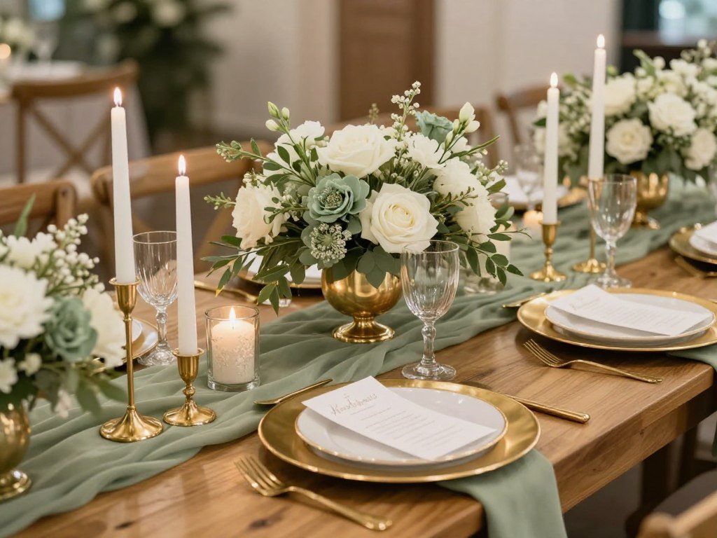 Sage green table runner with gold candle holders and place settings