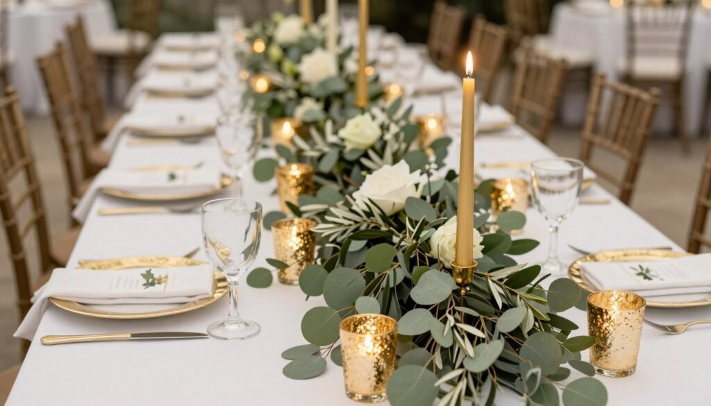 Sage green table runner with scattered gold votives and candle holders