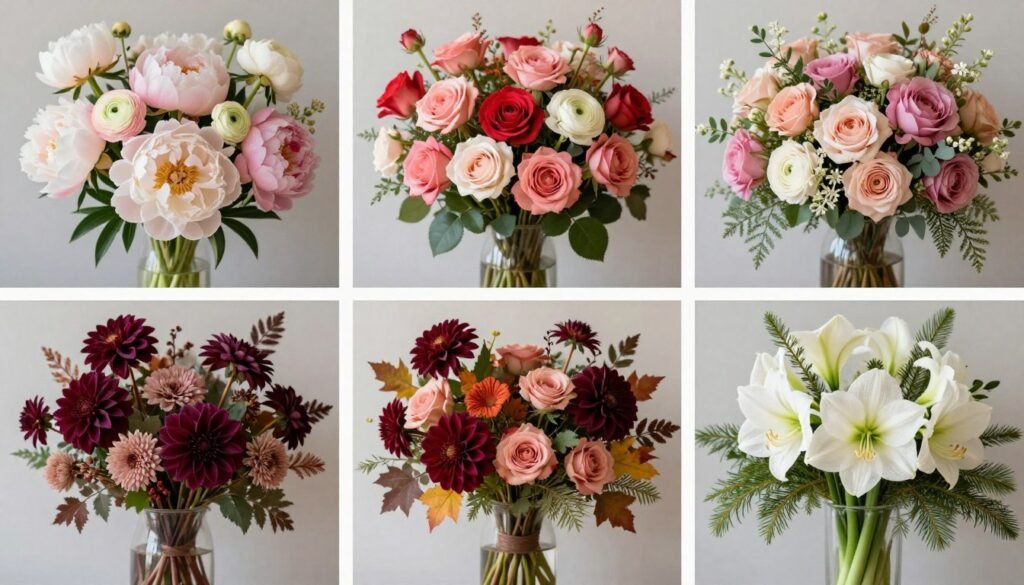 Seasonal luxury wedding flowers for each season displayed in elegant arrangements