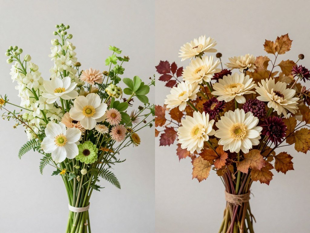 Seasonal wildflower bouquets showing elegant color adaptations for different times of year