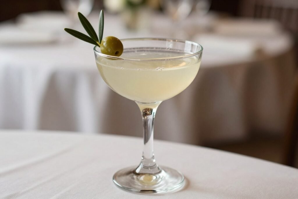 Signature cocktail with olive branch garnish