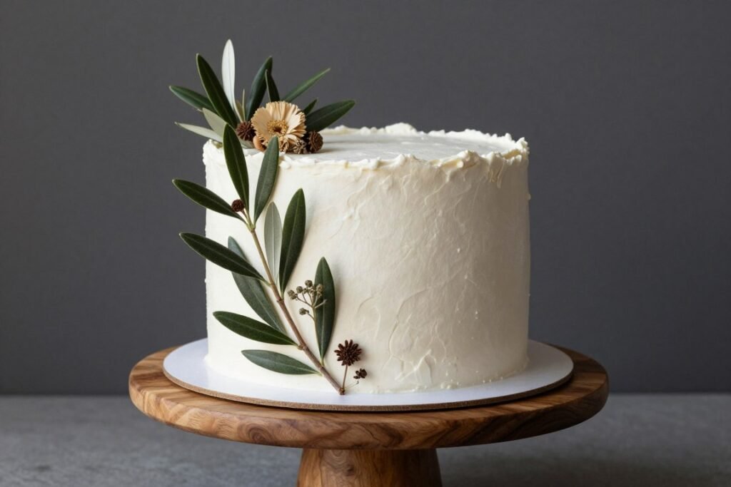 Simple wedding cake with olive leaves and earth-tone floral decorations
