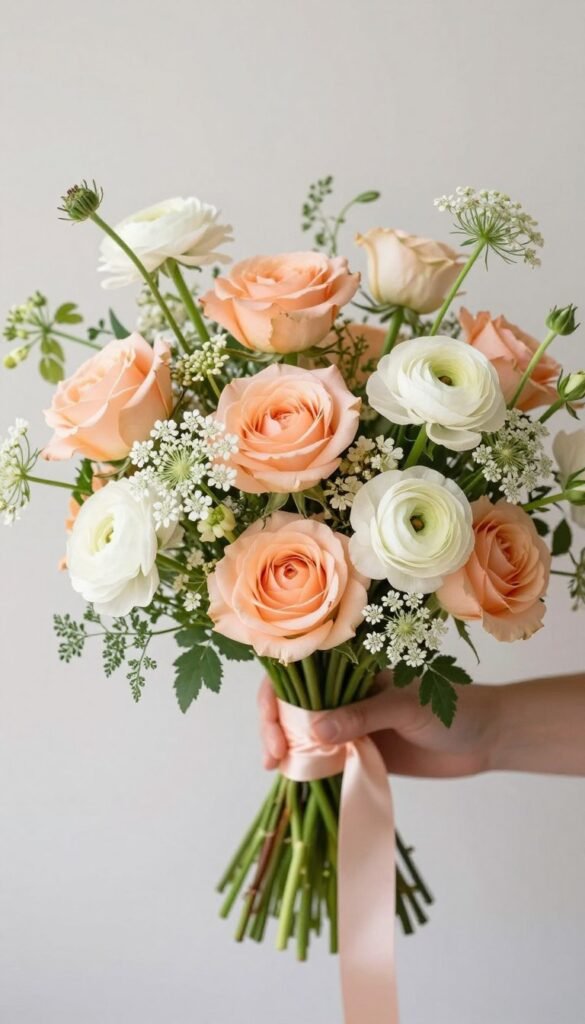Soft peach and ivory garden-inspired wildflower bouquet with elegant composition