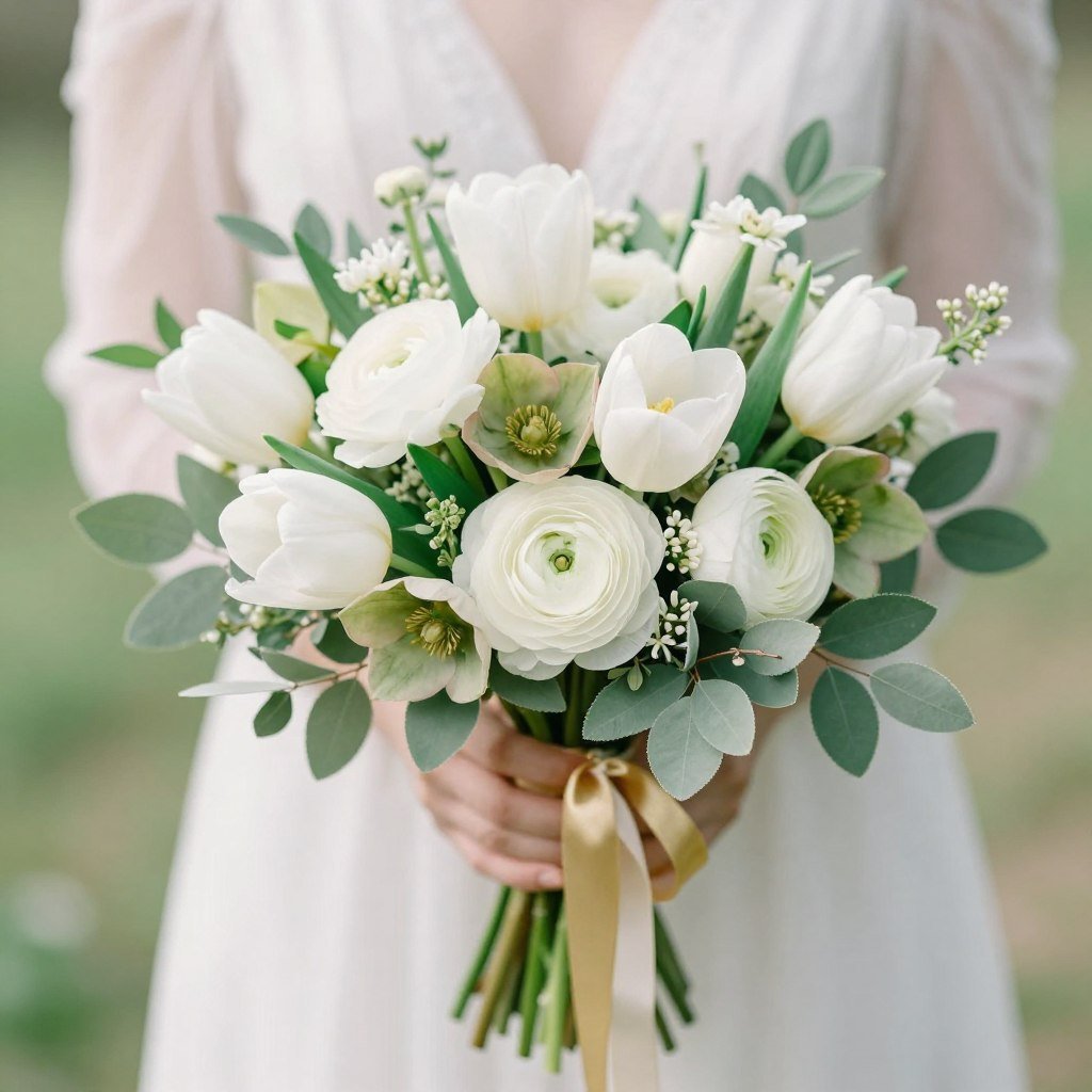 Spring sage green and gold wedding flowers with tulips and ranunculus