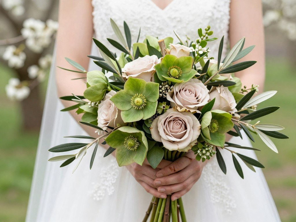 Spring wedding bouquet with fresh olive branches and light earth-tone flowers