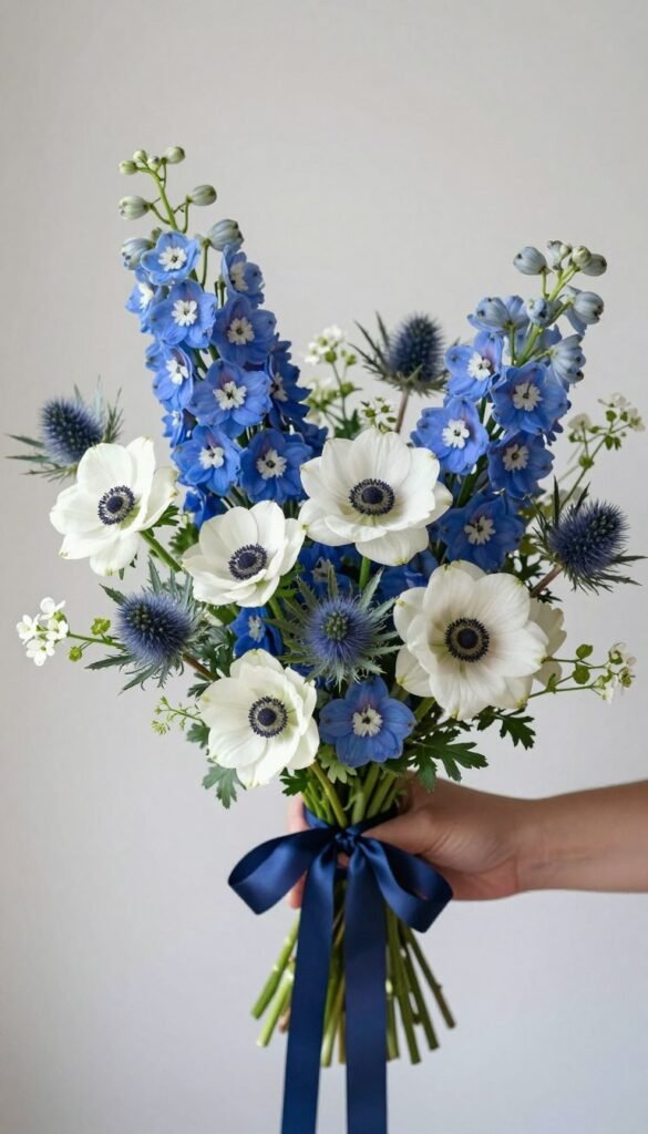 Structured blue delphinium and thistle wildflower bouquet with architectural elegance