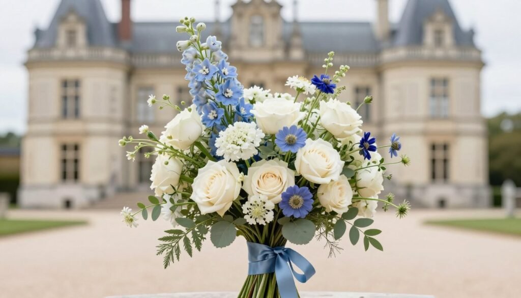 Structured wildflower bouquet designed for an elegant estate or château wedding