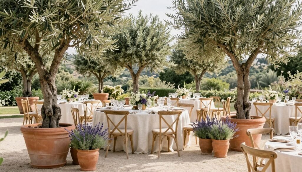 Summer Mediterranean wedding setup with olive trees and earth-tone flowers