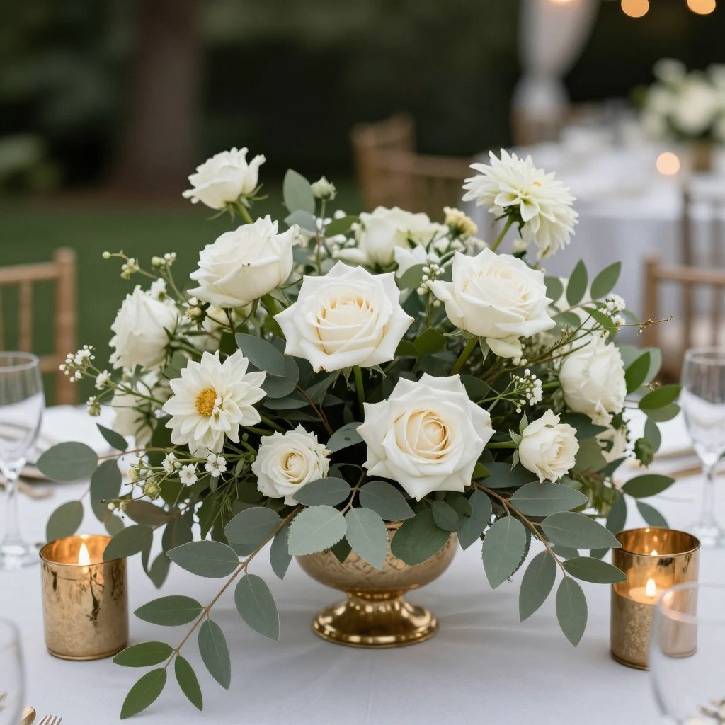 Summer sage green and gold wedding flowers with garden roses