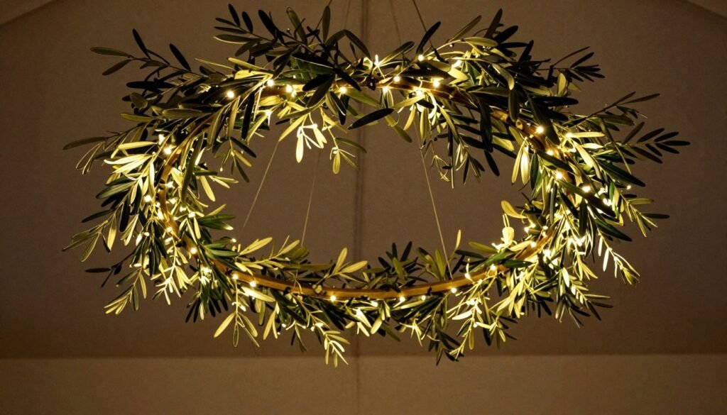 Suspended olive branch chandelier with fairy lights above reception table