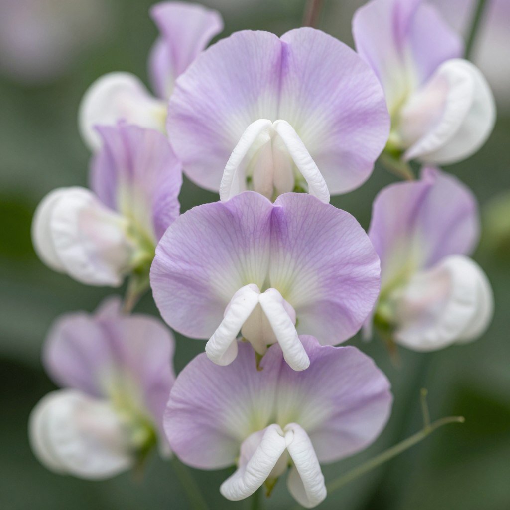 Sweet pea flowers showing their ruffled petals and delicate tendrils