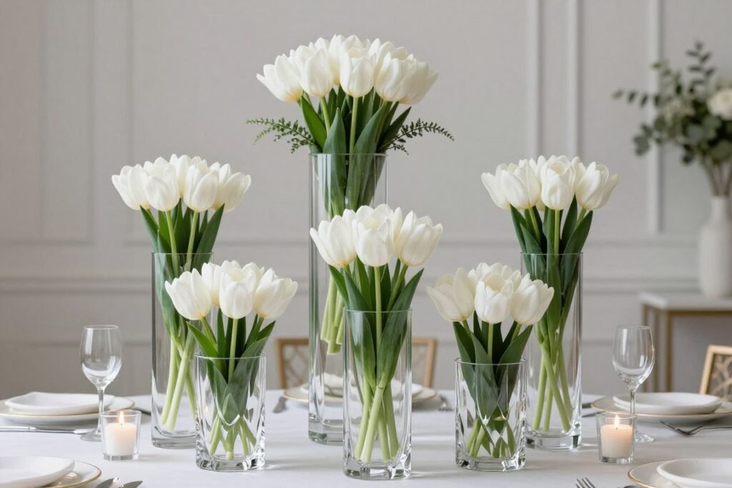 Tall crystal vases with white tulips creating an elegant winter wedding centerpiece