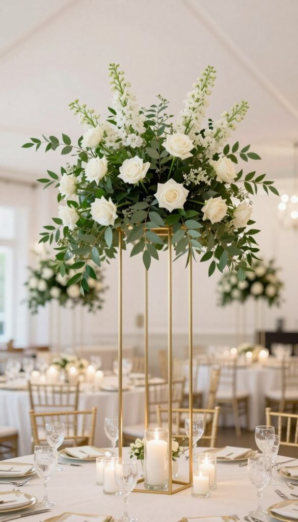 Tall sage green and white floral arrangement on gold stand