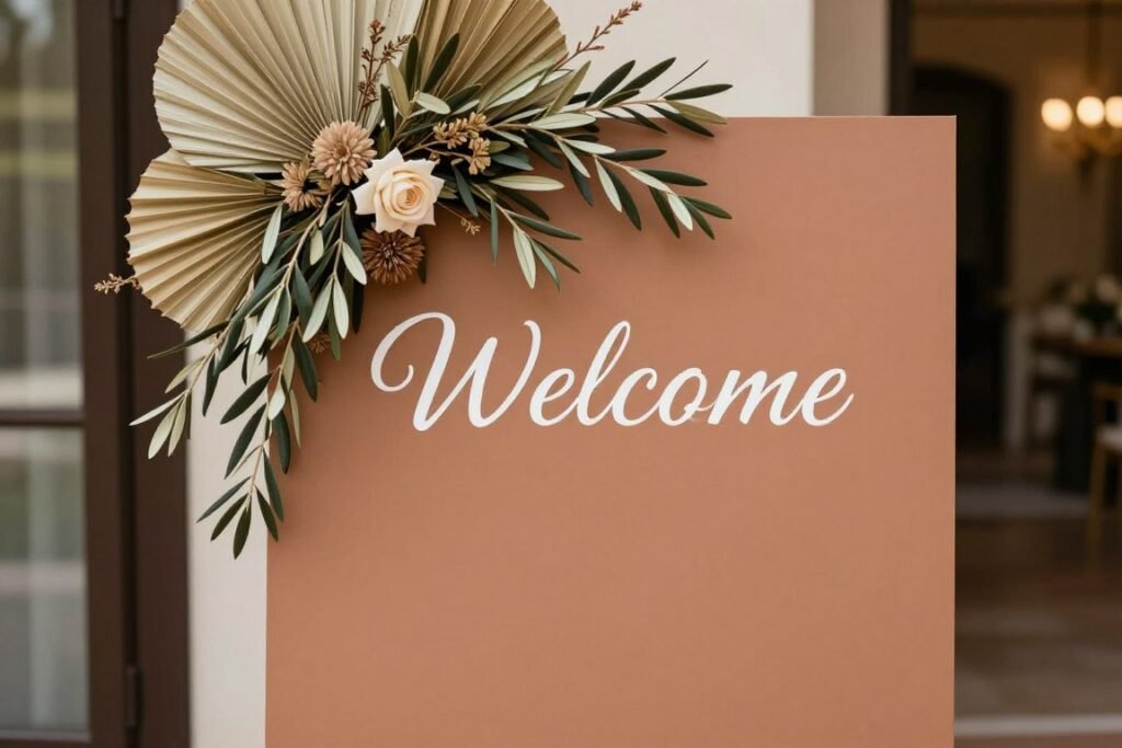 Terracotta welcome sign with olive branch arrangement