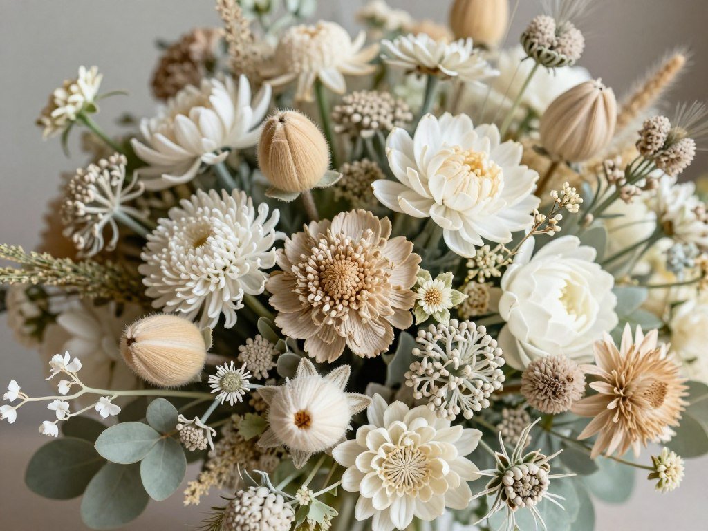 Textured wildflower bouquet with varied elements creating sophisticated depth