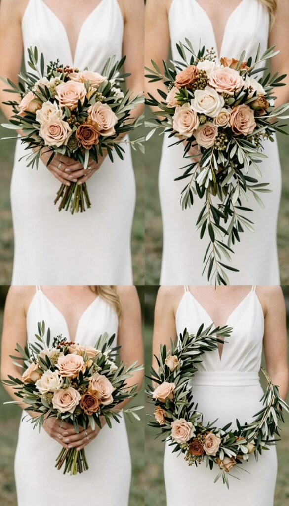 Three different bouquet shapes featuring olive branches and earth-tone flowers