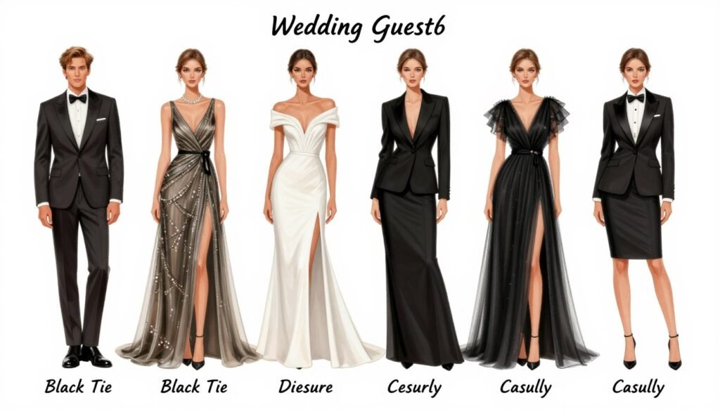 Visual guide showing different wedding guest dress codes from black tie to casual