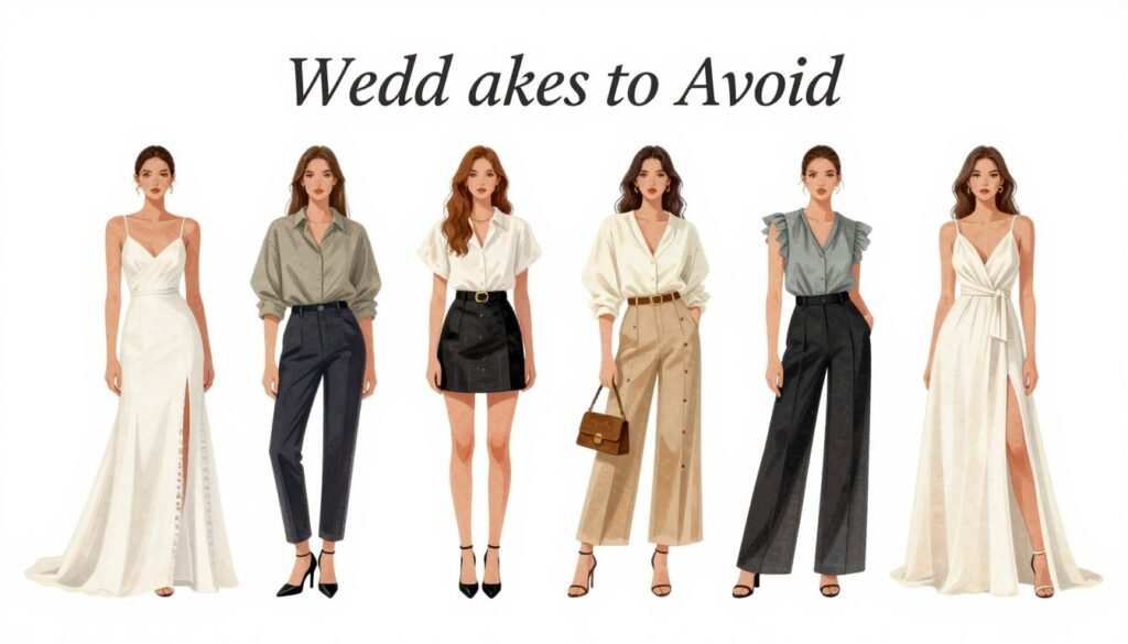 Visual guide showing wedding guest outfit mistakes to avoid