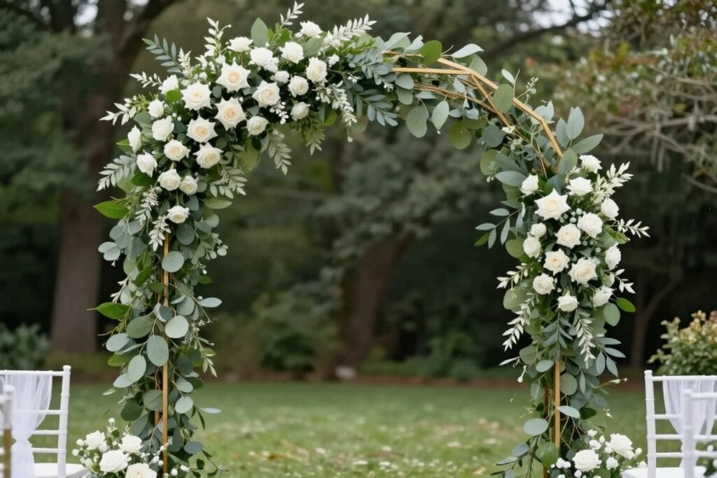 Wedding arch with sage green flowers and gold geometric elements