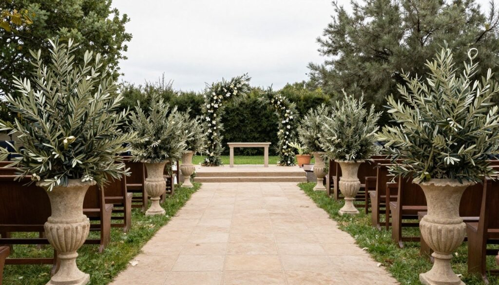 Wedding ceremony aisle with olive branch arrangements in stone vessels