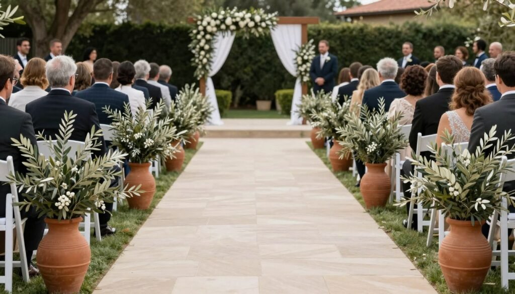 Wedding ceremony aisle with olive branch arrangements marking the path