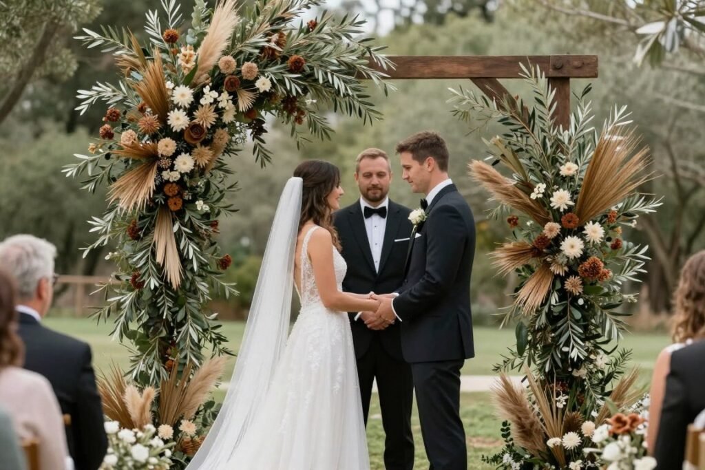 Wedding ceremony with asymmetrical olive branch arch
