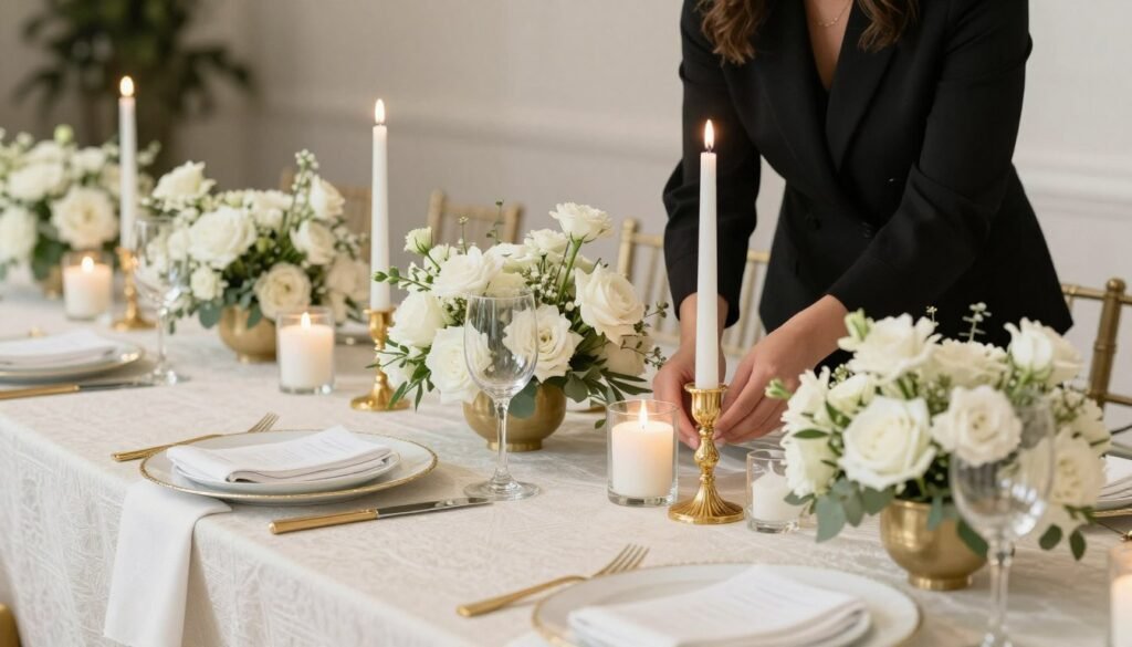 Wedding designer arranging elements on a luxury table setting