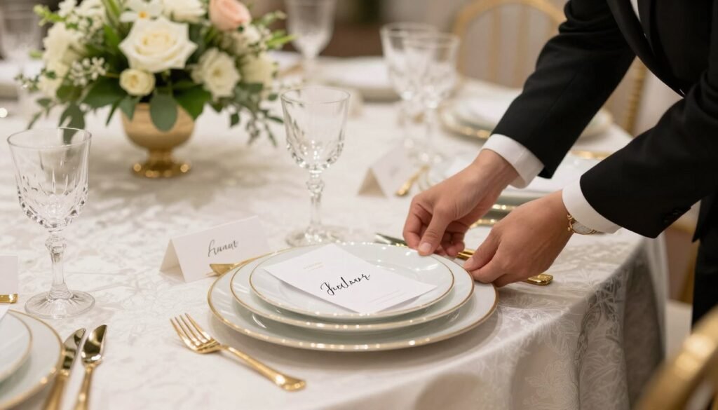 Wedding planner arranging place settings on a luxury reception table