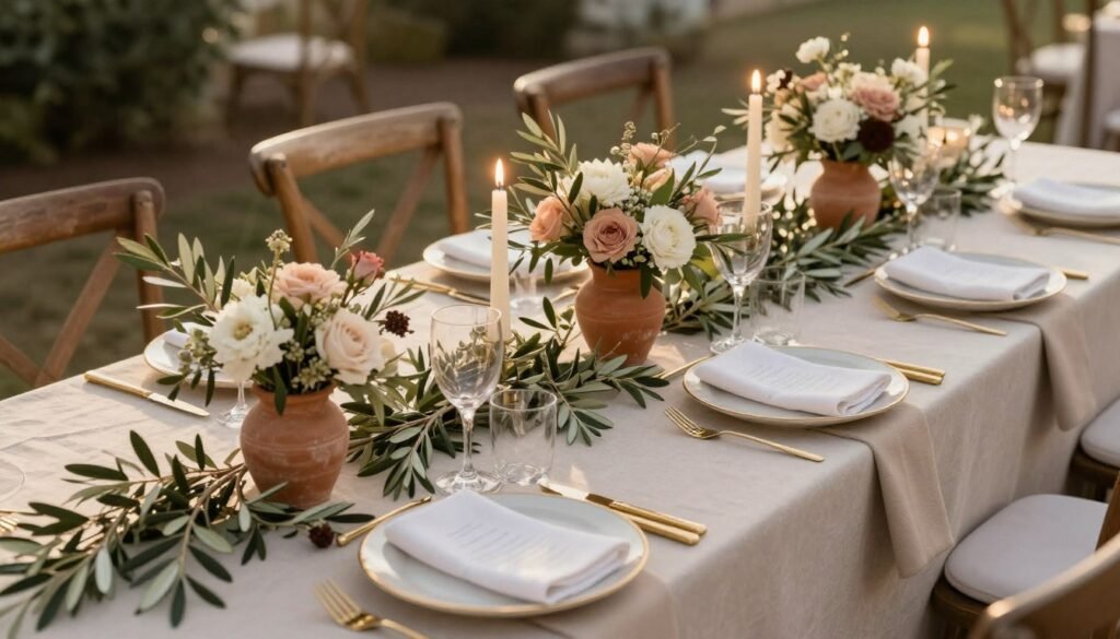 Wedding reception table with olive green garlands and earth-tone floral centerpieces