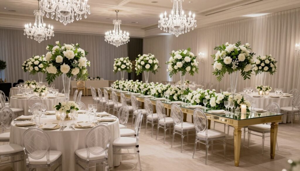 Wedding reception with mix of long and round tables elegantly decorated