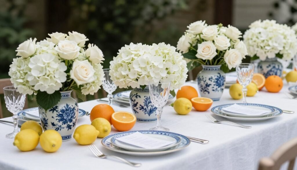 Wedding table with blue and white chinoiserie elements and fresh citrus accents