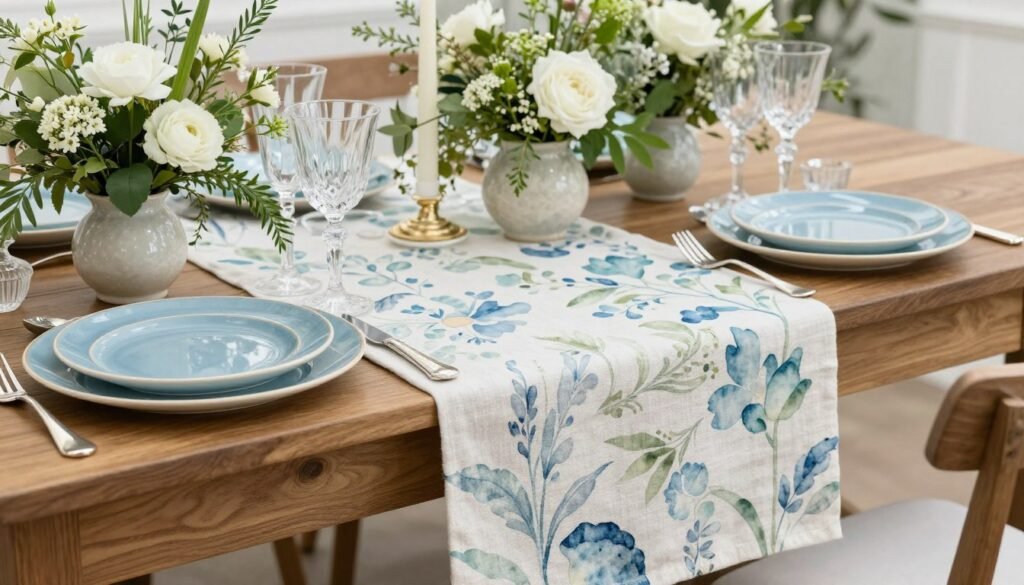 Wedding table with hand-painted linen runner and artisanal ceramic plates