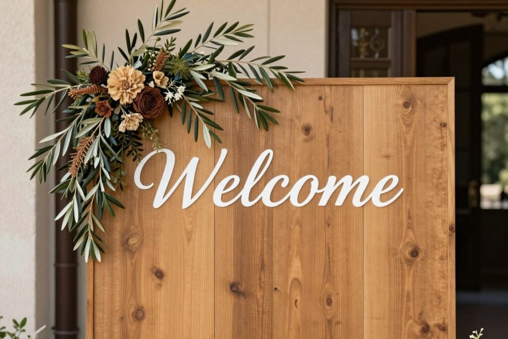 Wedding welcome sign with olive branch and earth-tone floral frame