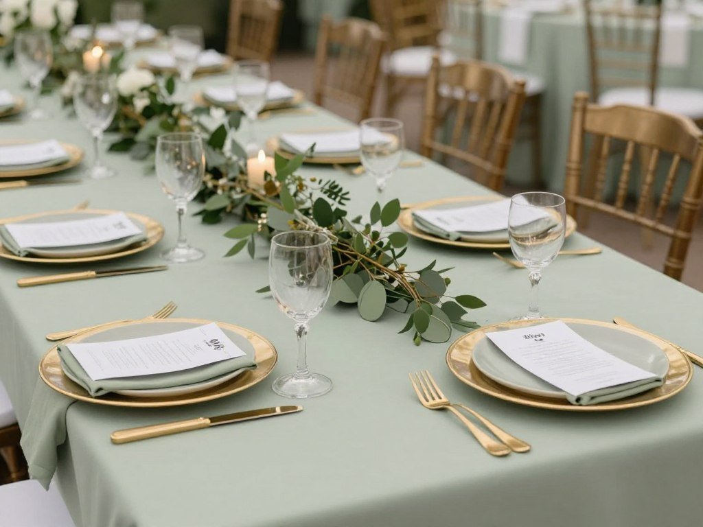 Well-spaced sage green and gold wedding decor elements