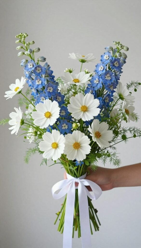 White and blue delphinium wildflower bouquet with architectural elegance