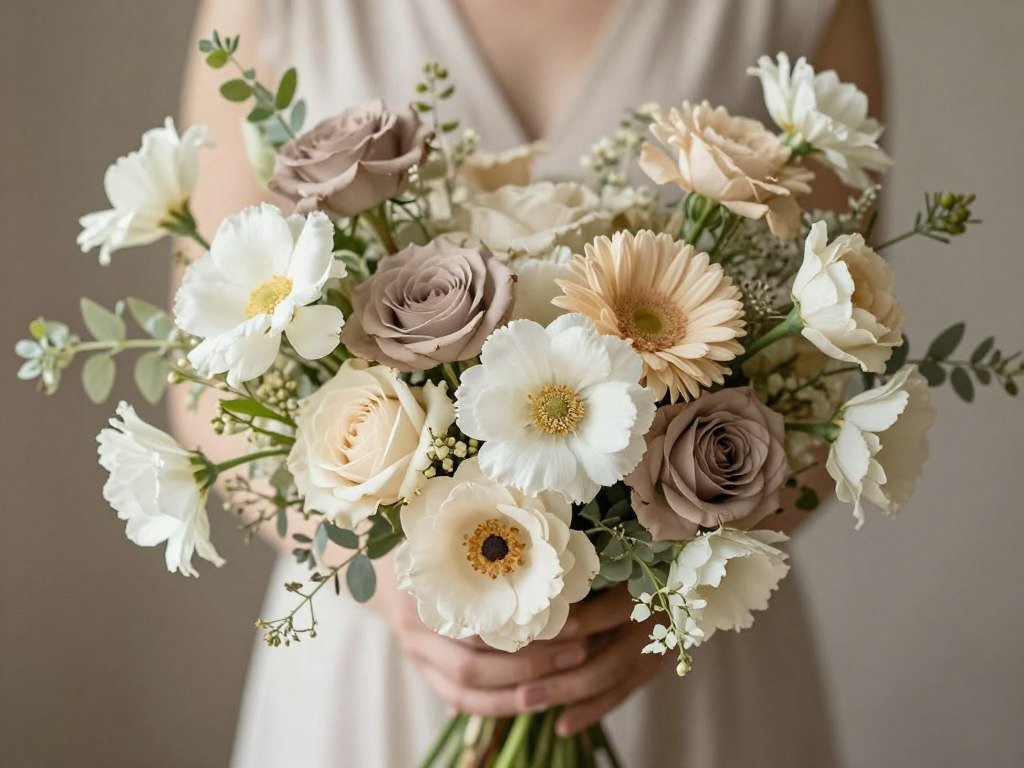 Wildflower bouquet in soft neutral tones showing elegant color restraint