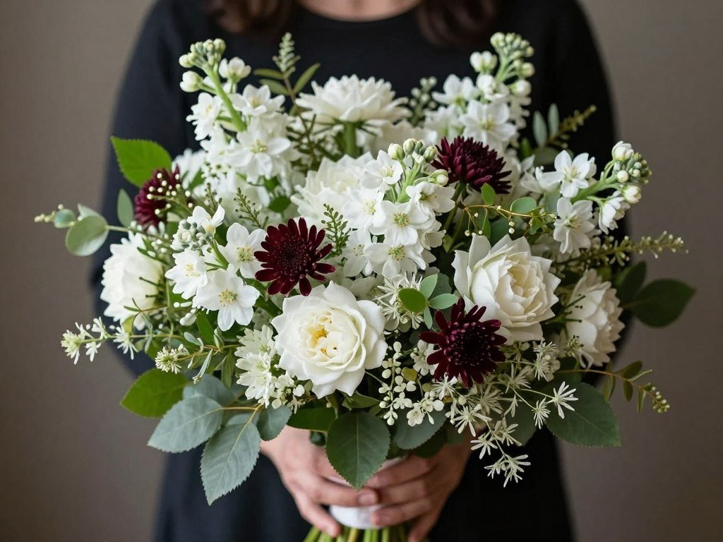 Wildflower bouquet in white and green with strategic color accents