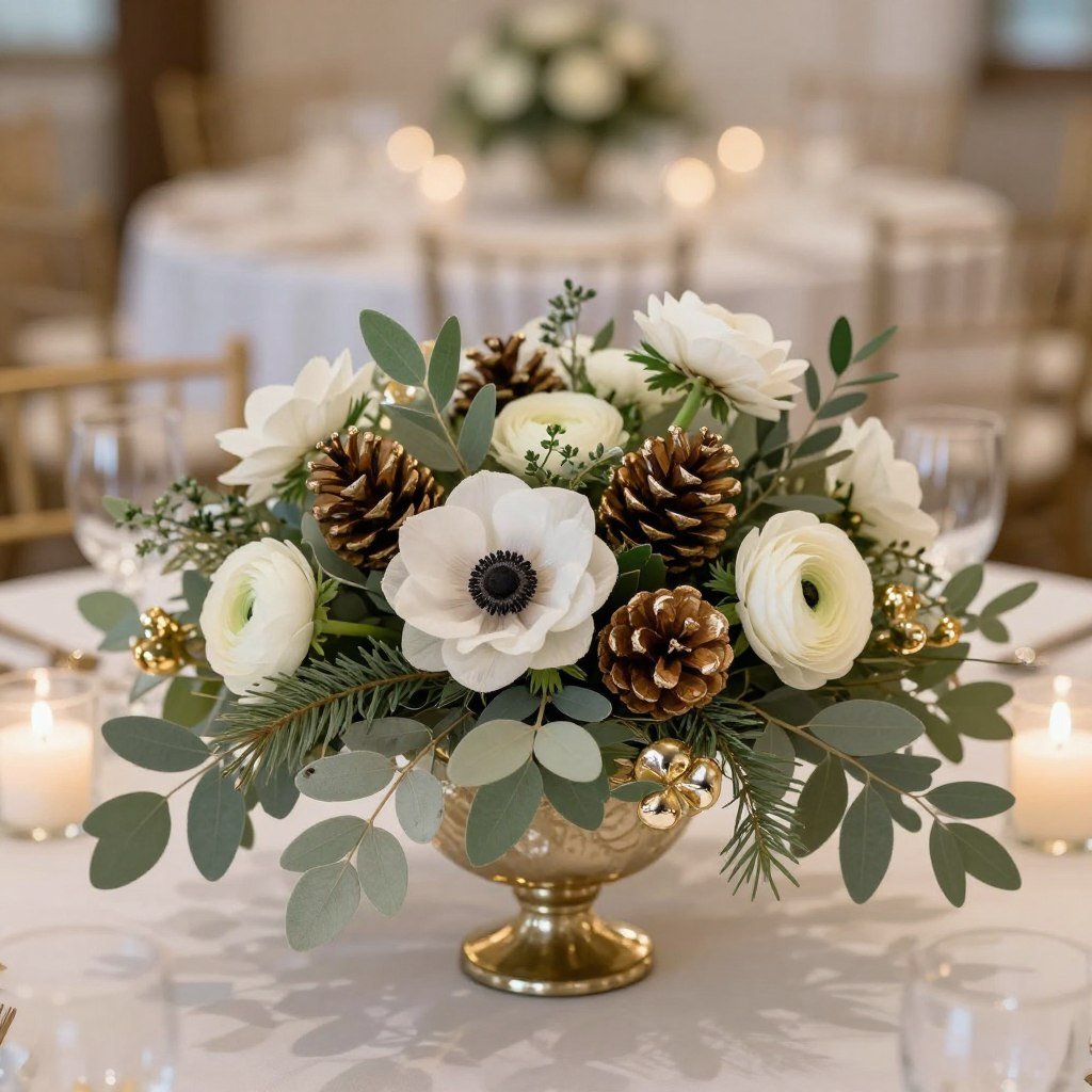 Winter sage green and gold wedding flowers with white blooms