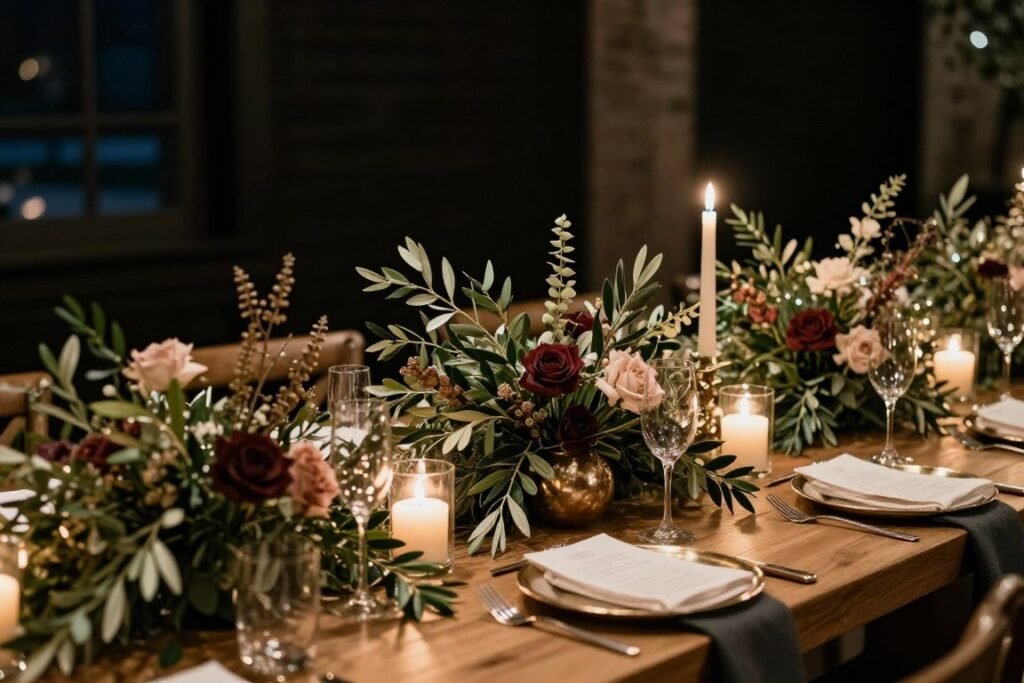 Winter wedding tablescape with olive greenery and warm candlelight